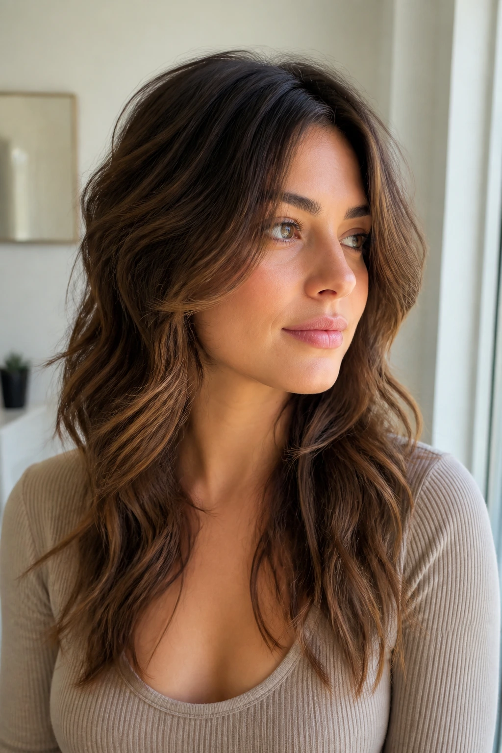 Close-up of a woman with shag-lite layers and a clean outline framing the face