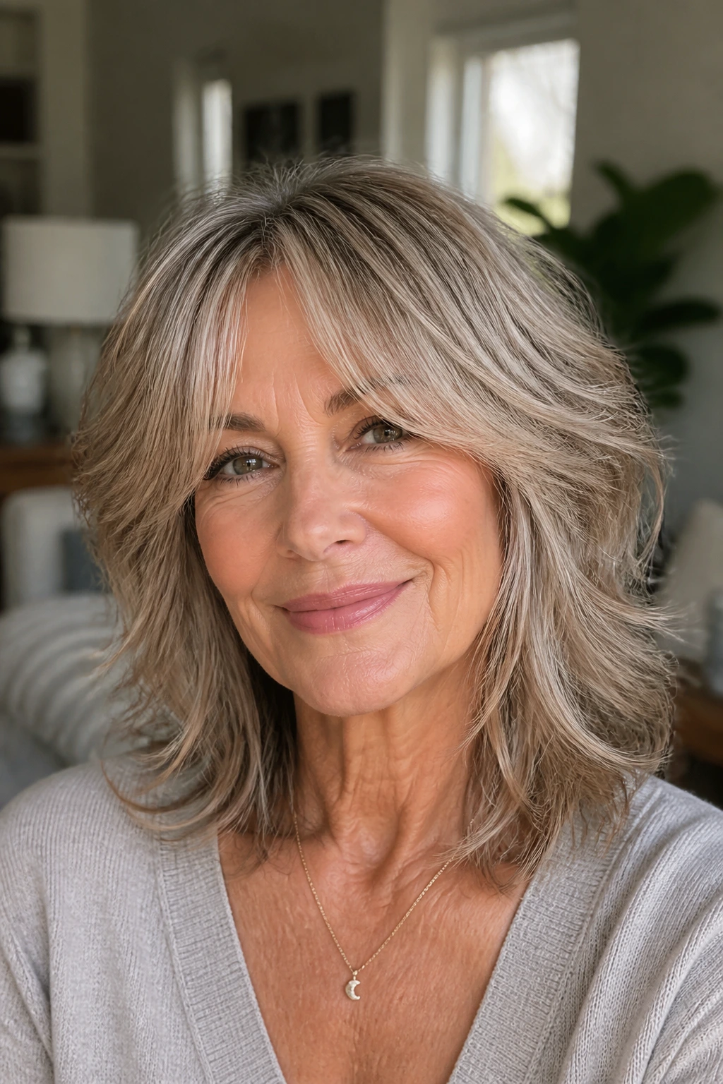 Close-up portrait of a real woman with shag lite and airy curtain bangs in warm window light