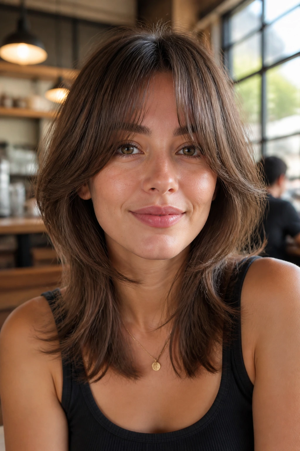 Portrait of a woman with shag-lite curtain blend hairstyle