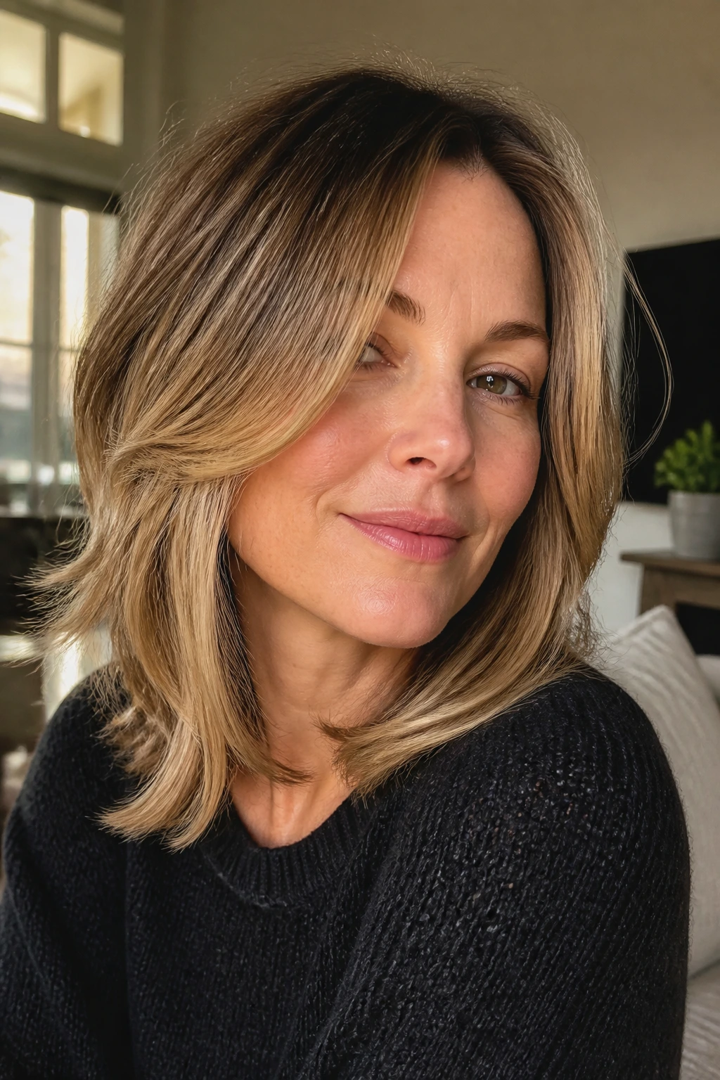Real woman with shag-lite lob showing motion and texture