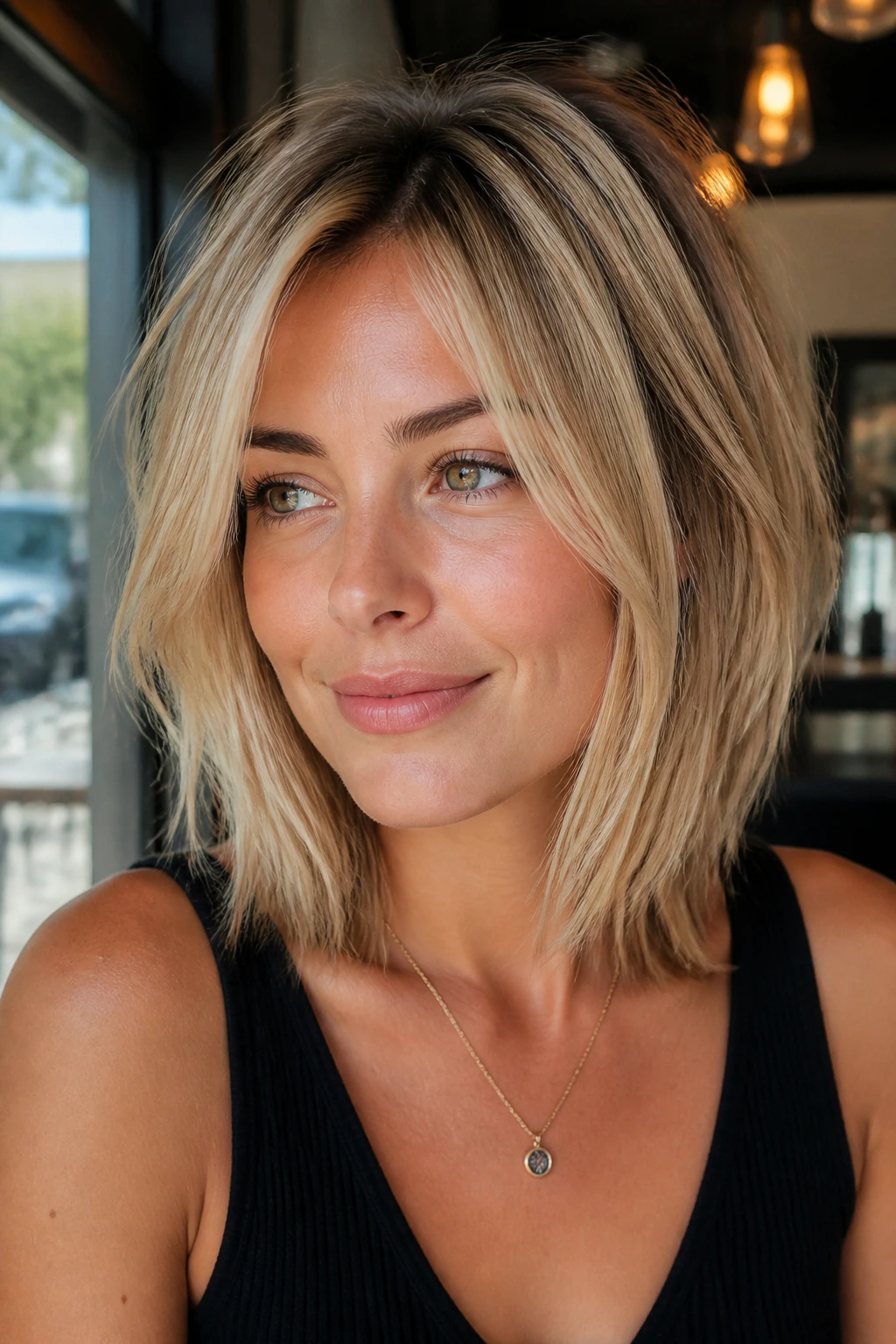 Close-up of a woman with shag-lite lob and crown layers in sunlit cafe light