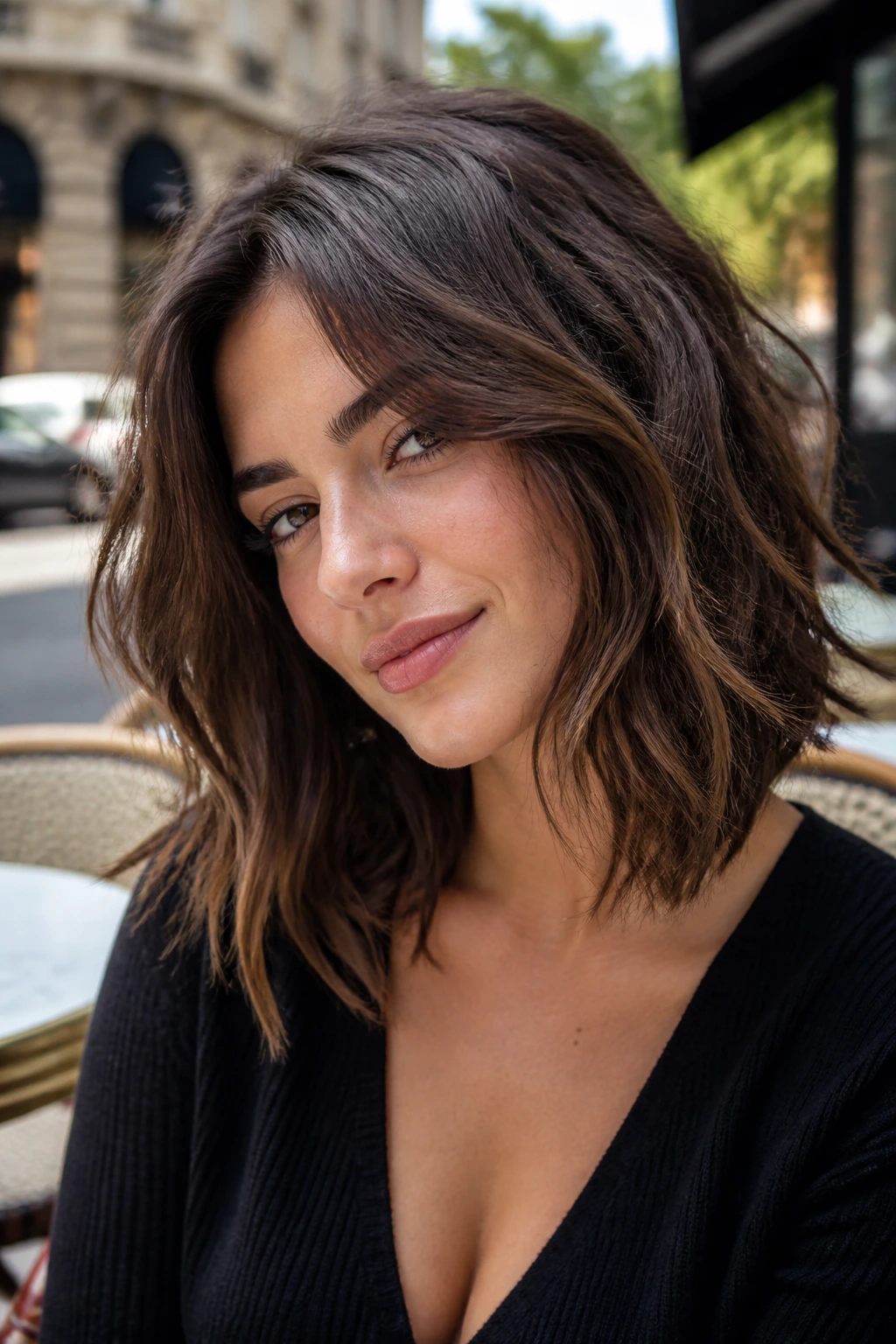 Real person with shag-lite lob texture and long layers in soft daylight at an outdoor cafe
