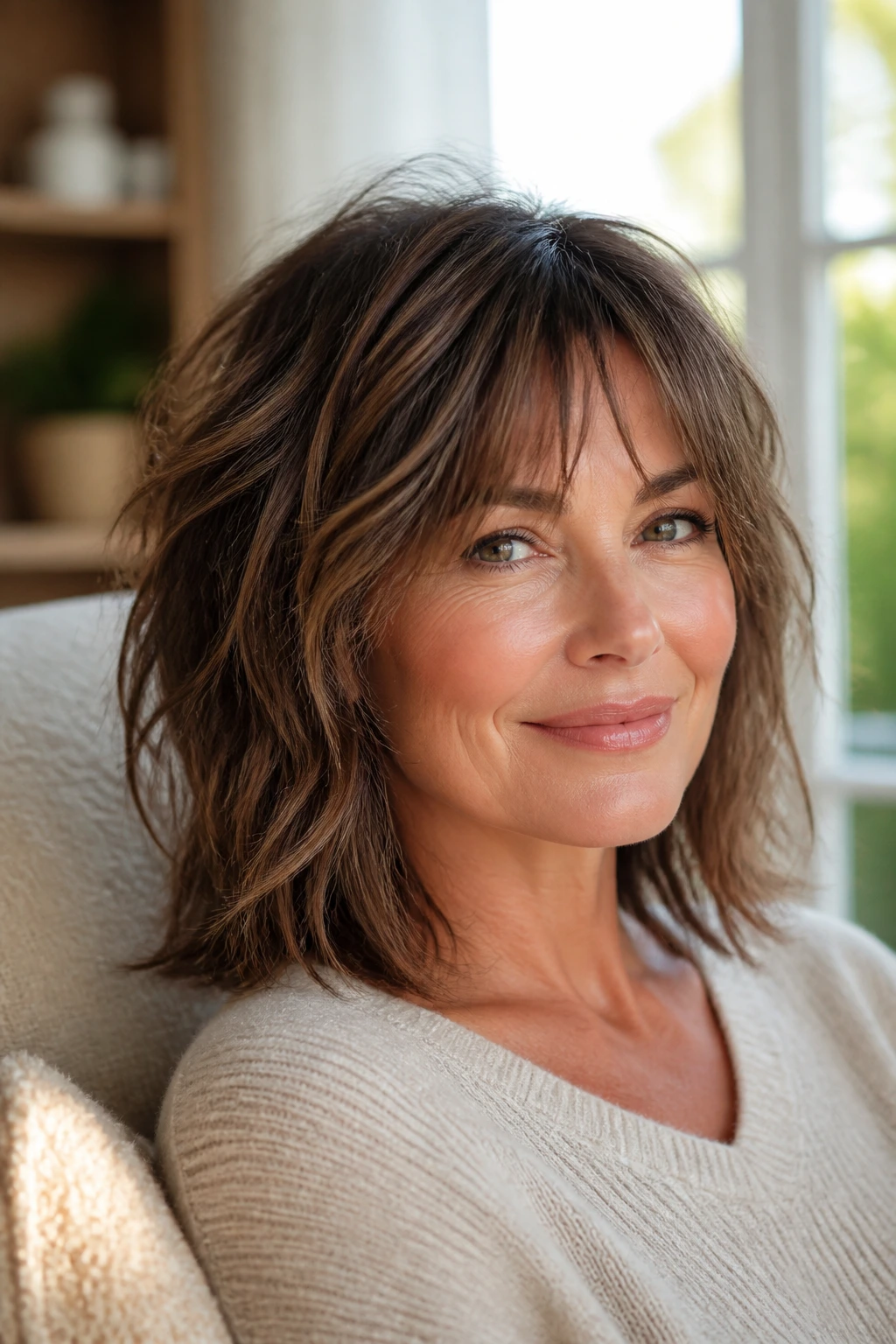 Close-up portrait of a real woman showing a shag-lite lob with tousled bangs.