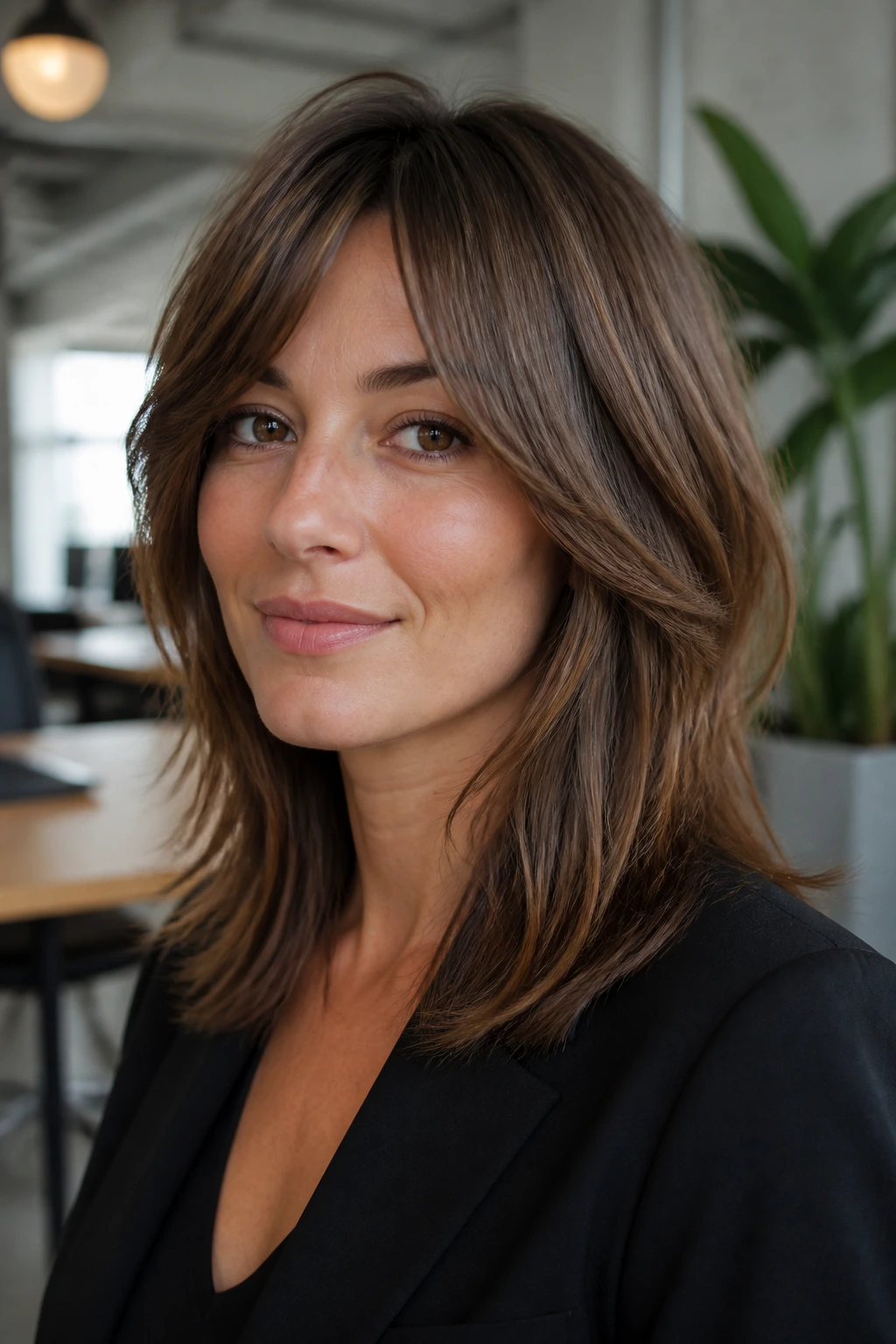 Close-up of a real woman with an office-friendly shag-lite hairstyle and clean ends