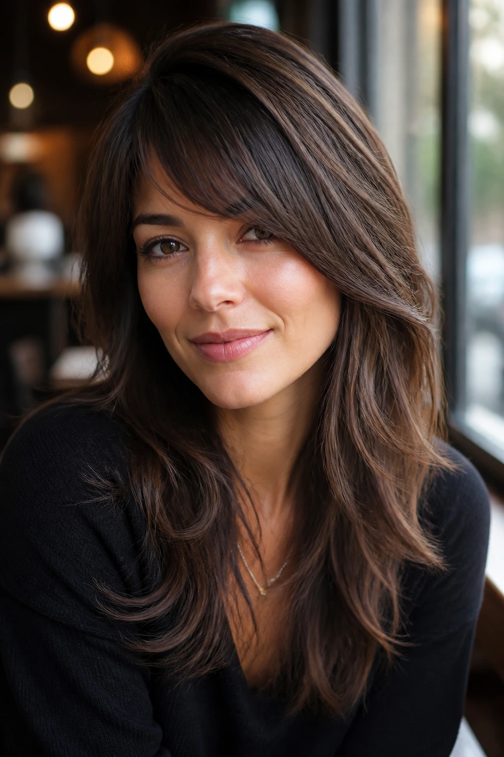Close-up portrait of a real person with shag-lite layers and polished fringe.