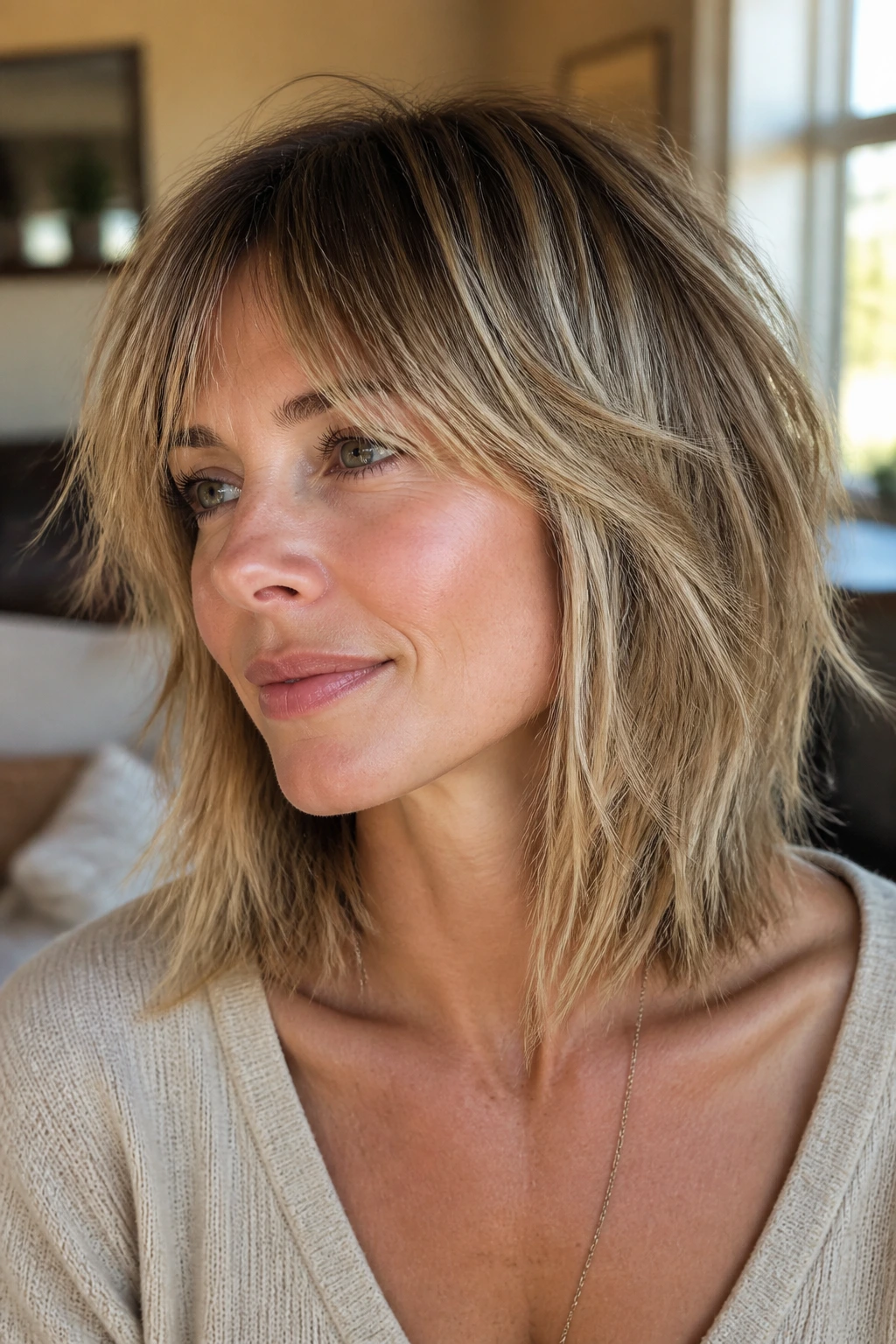 Close-up of a real woman with airy shag-lite cut and sandy babylights