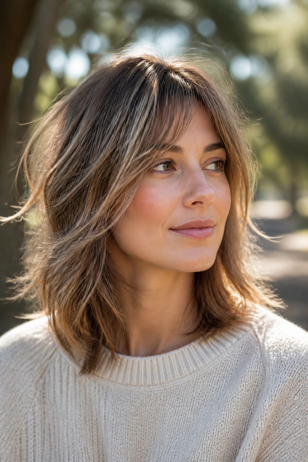 Portrait of a real woman with shag-lite breezy texture shoulder-length hair outdoors