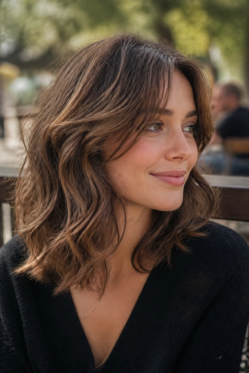 Close-up of a real woman with grown-out shag lob showing long layers and soft perimeter