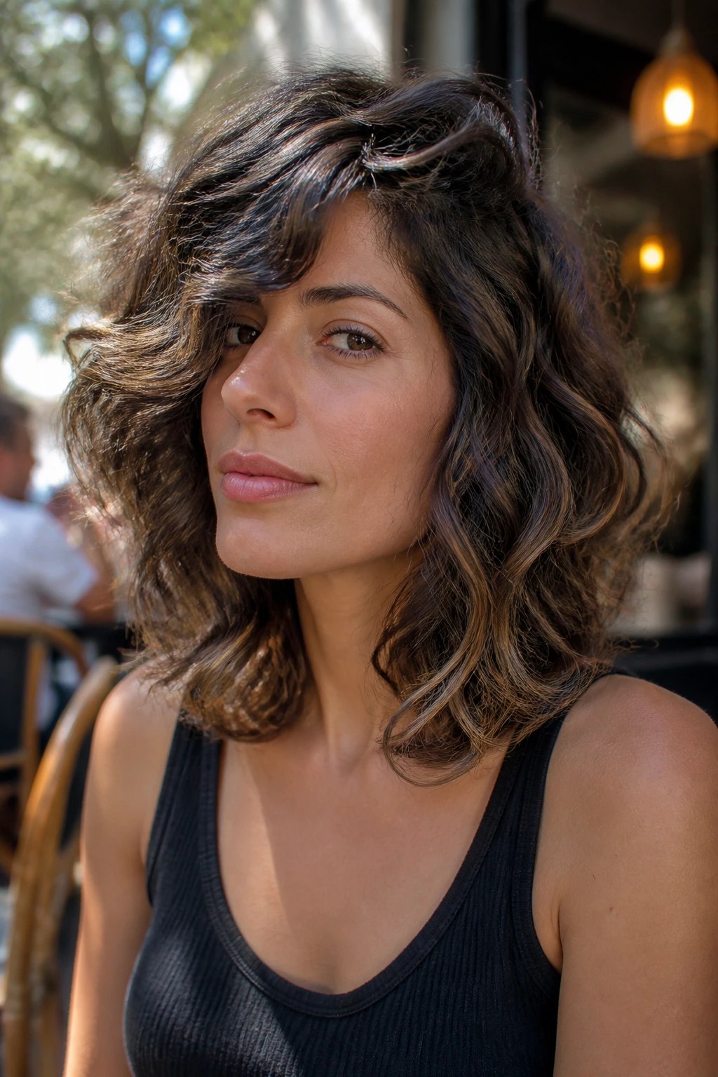 Portrait of a woman with shag-inspired curly lob and side bias.