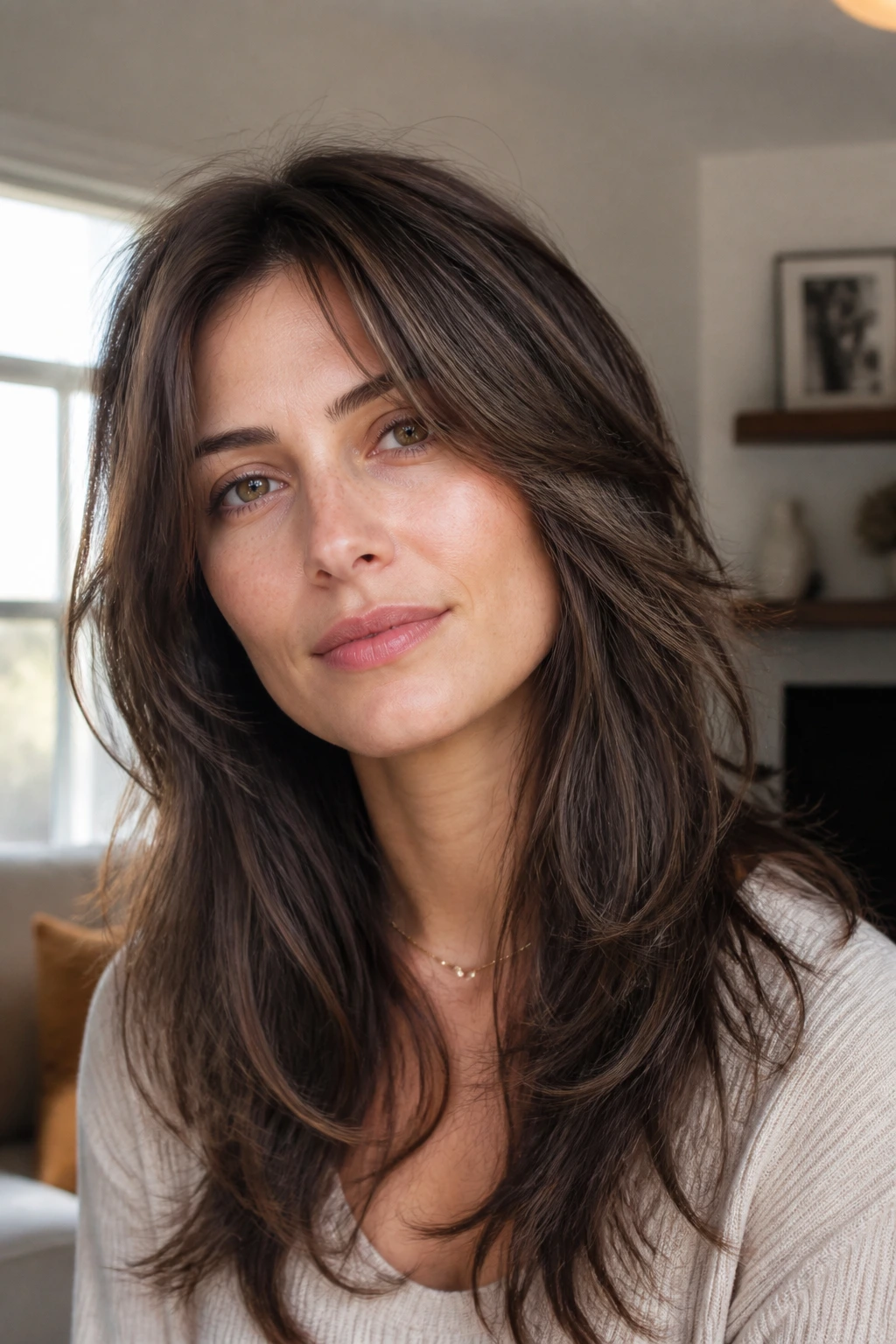 Close-up of a real woman with low-maintenance shag and dark walnut lowlights.