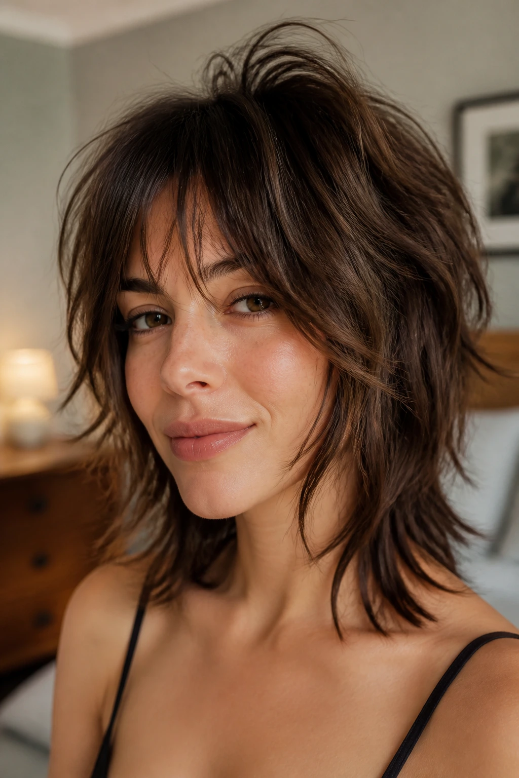 Close-up of a real woman with a shag haircut showing crown lift and cheek-framing front pieces