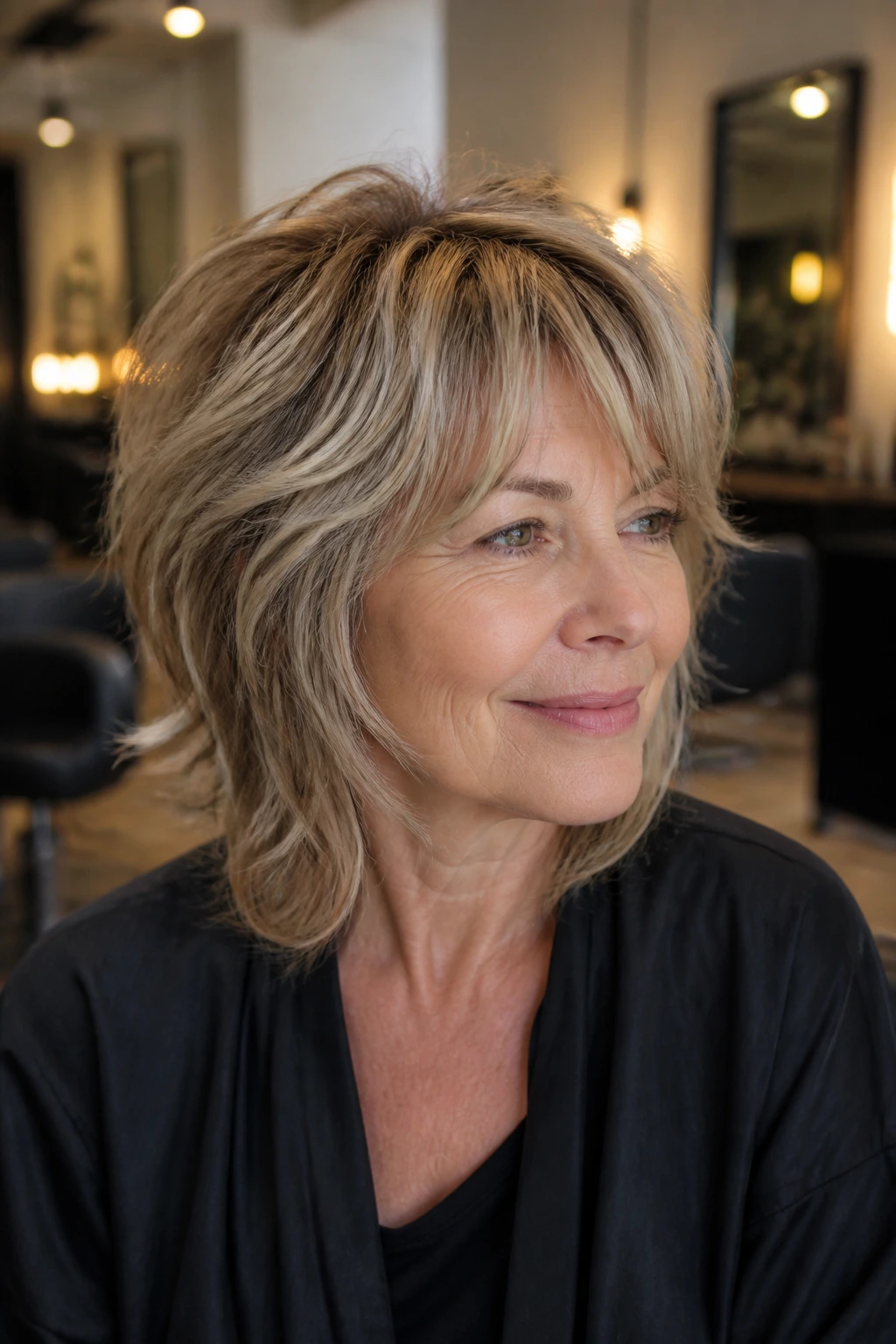 Medium close-up of a real woman with a mid-length shag showing crown lift and face-framing layers in a salon setting