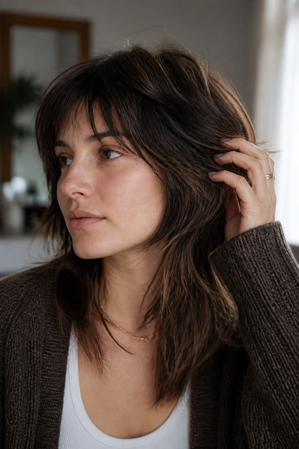 Person with well-defined shag layers in a cozy home setting