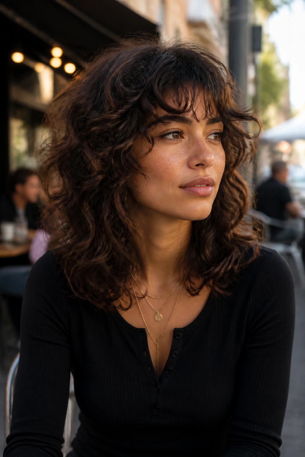 Close-up of a woman with shaggy mid-length curly cut and curved ends
