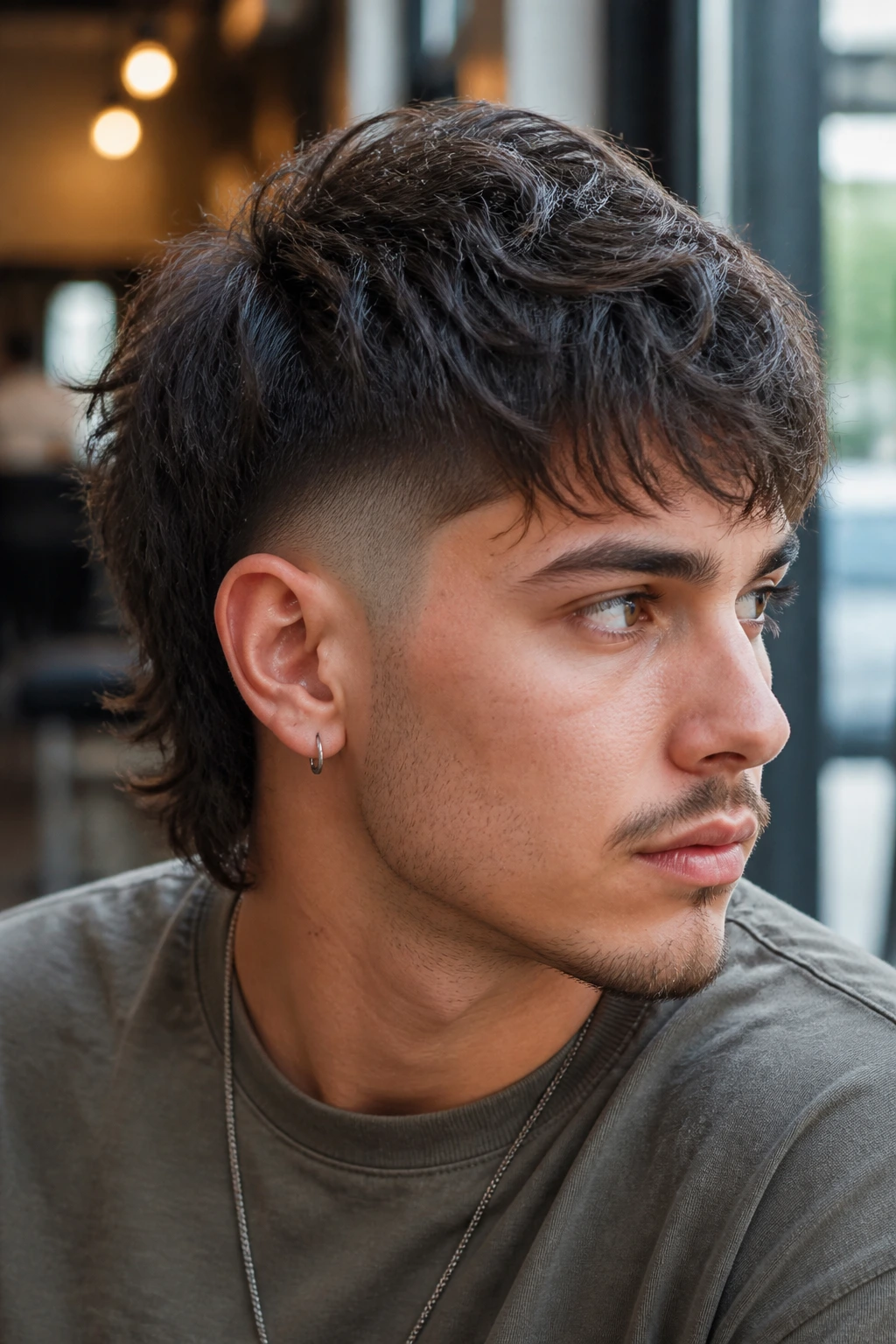Portrait of a man with a modern shag mullet and fade in a cafe setting.