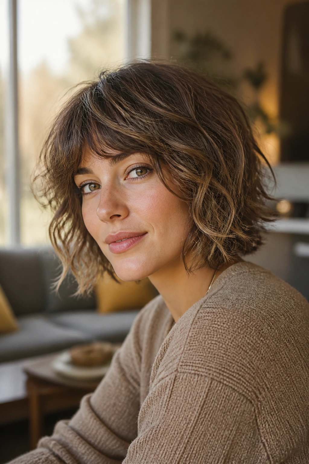 Close-up of a real woman with neck-length shaggy cut and loose curls, warm daylight