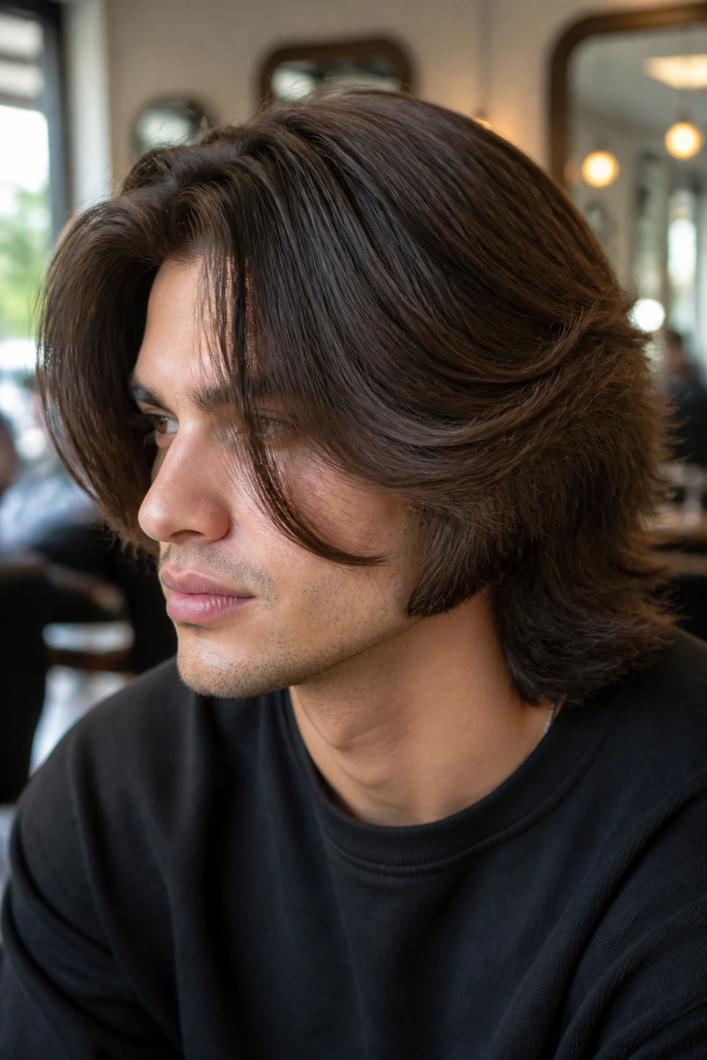 Close-up portrait of real person with shag-pageboy hybrid and face-opening pieces on thick hair