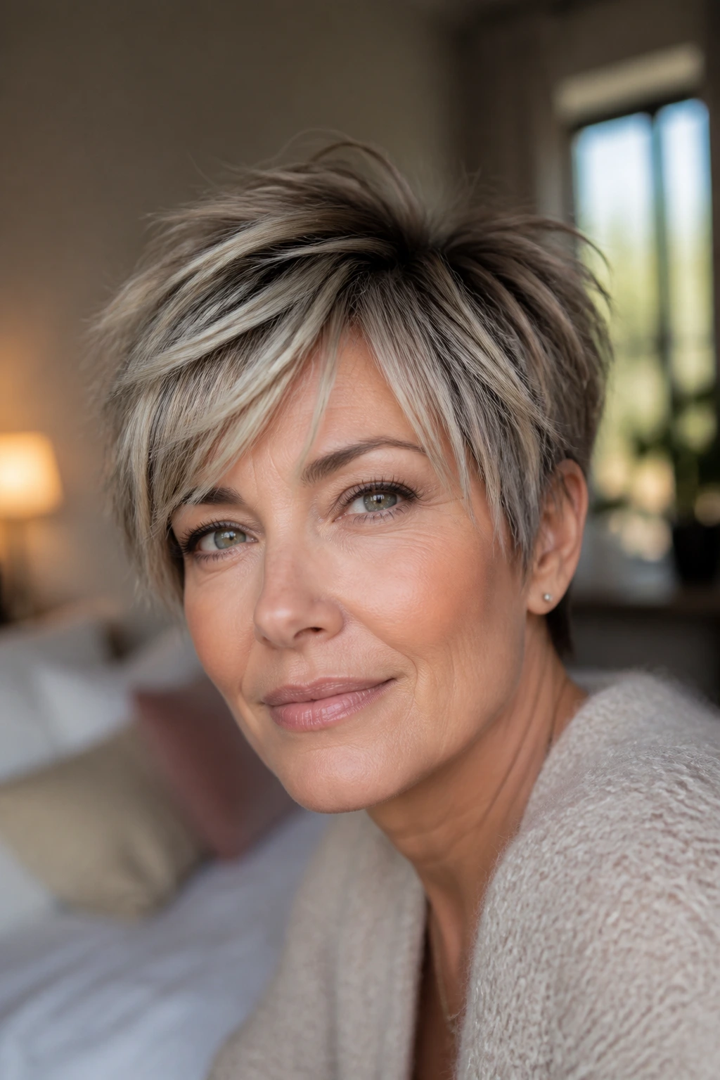 Close-up of a real woman with shag pixie and babylights, soft grow-out and crown lift.