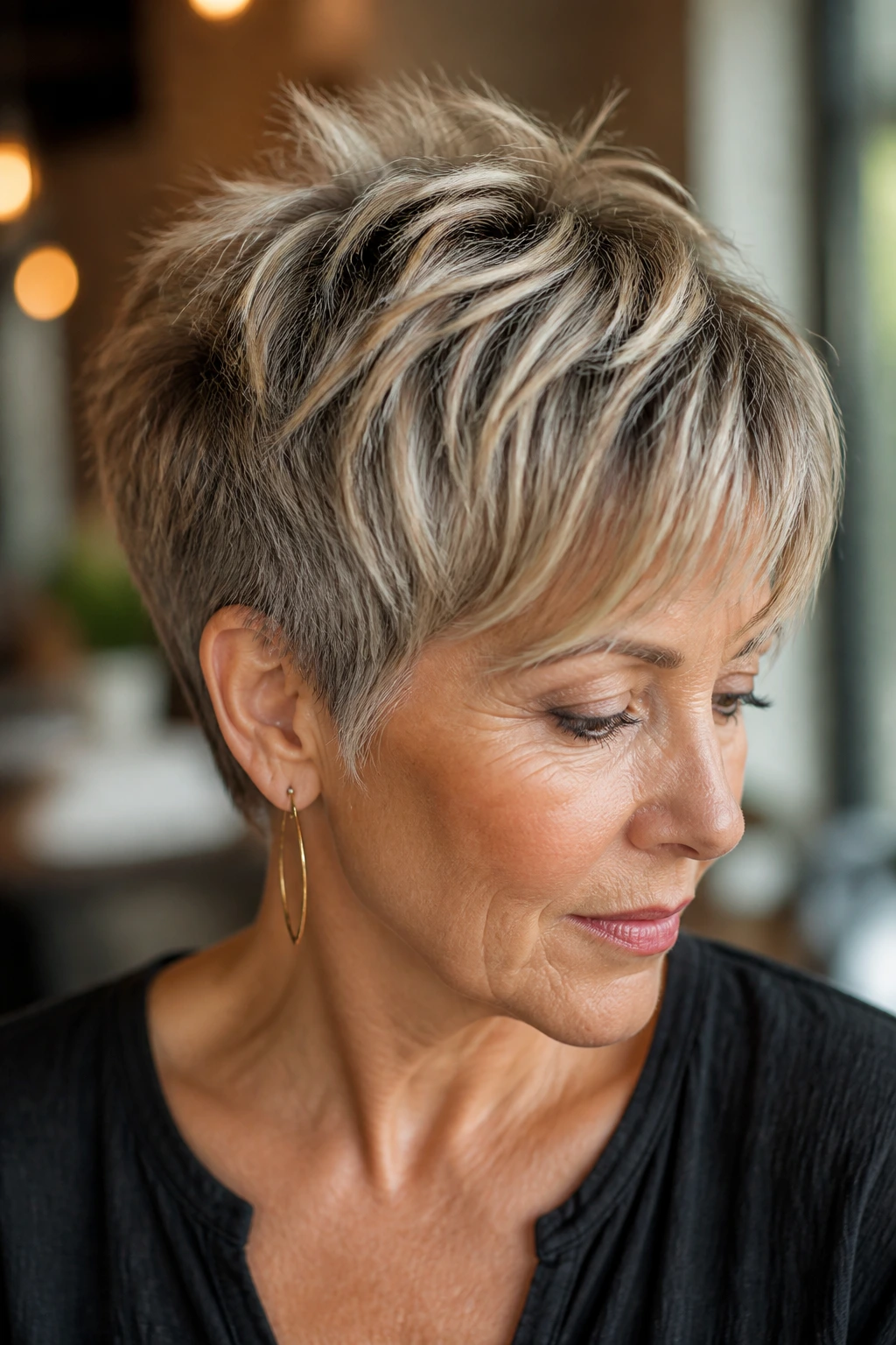 Close-up portrait of a real woman with a shag pixie and varied babylights on crown