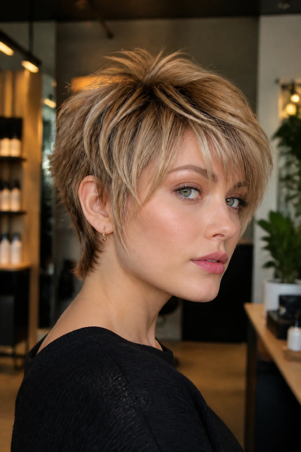 Close-up portrait showing a shag transition pixie with crown lift and feathered ends