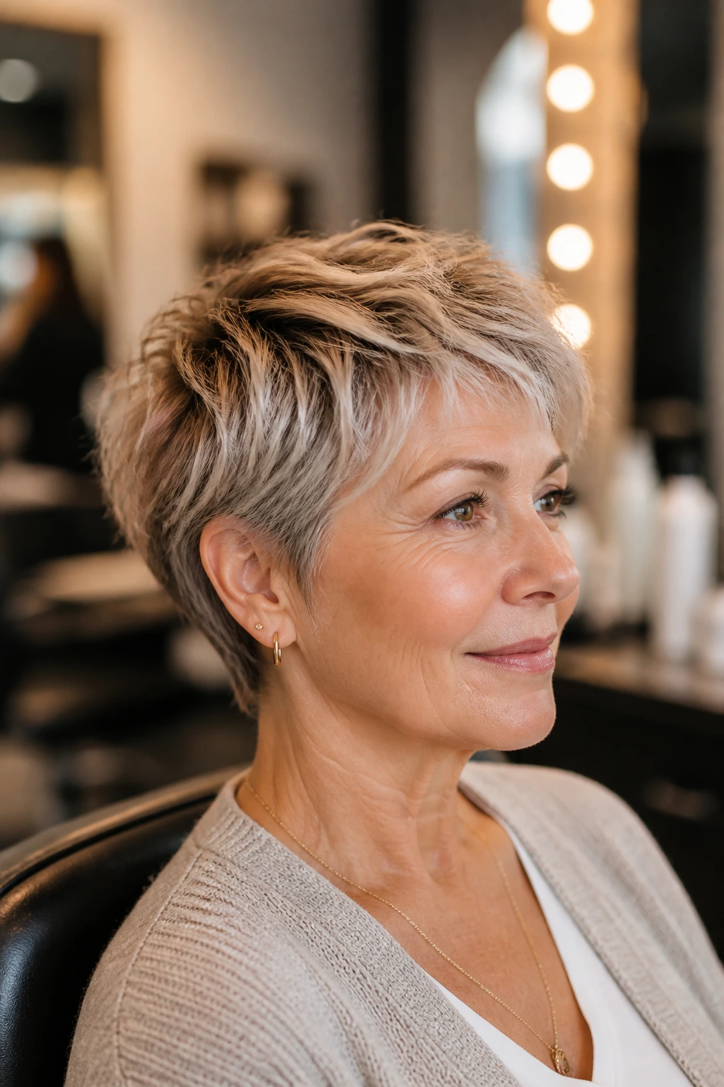 Close-up portrait of a shag pixie in salon with fresh trim and root shadow