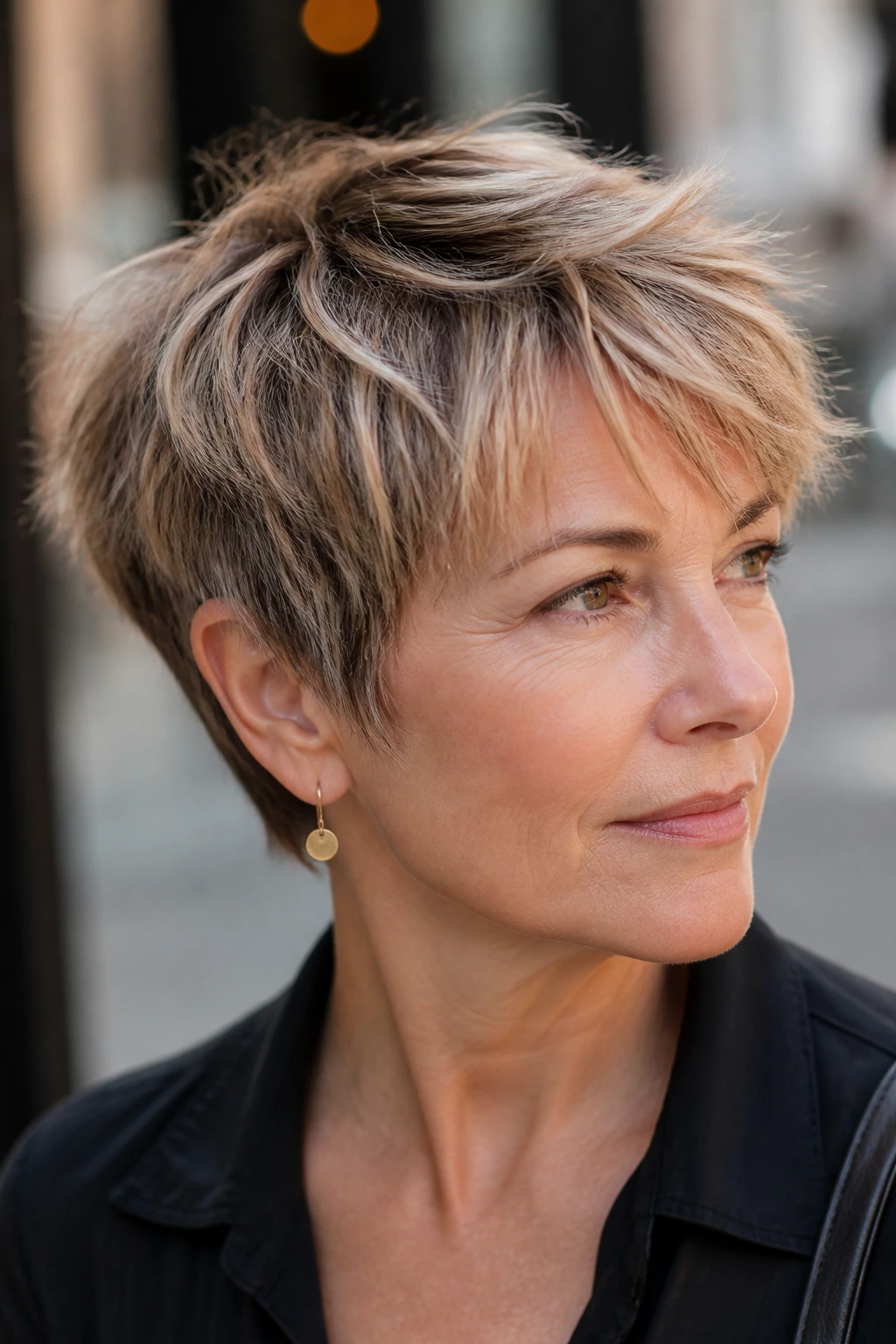 Portrait of a woman with moving shag pixie haircut