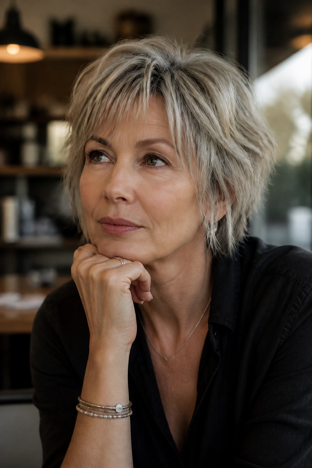Real woman with short shag haircut looking thoughtful