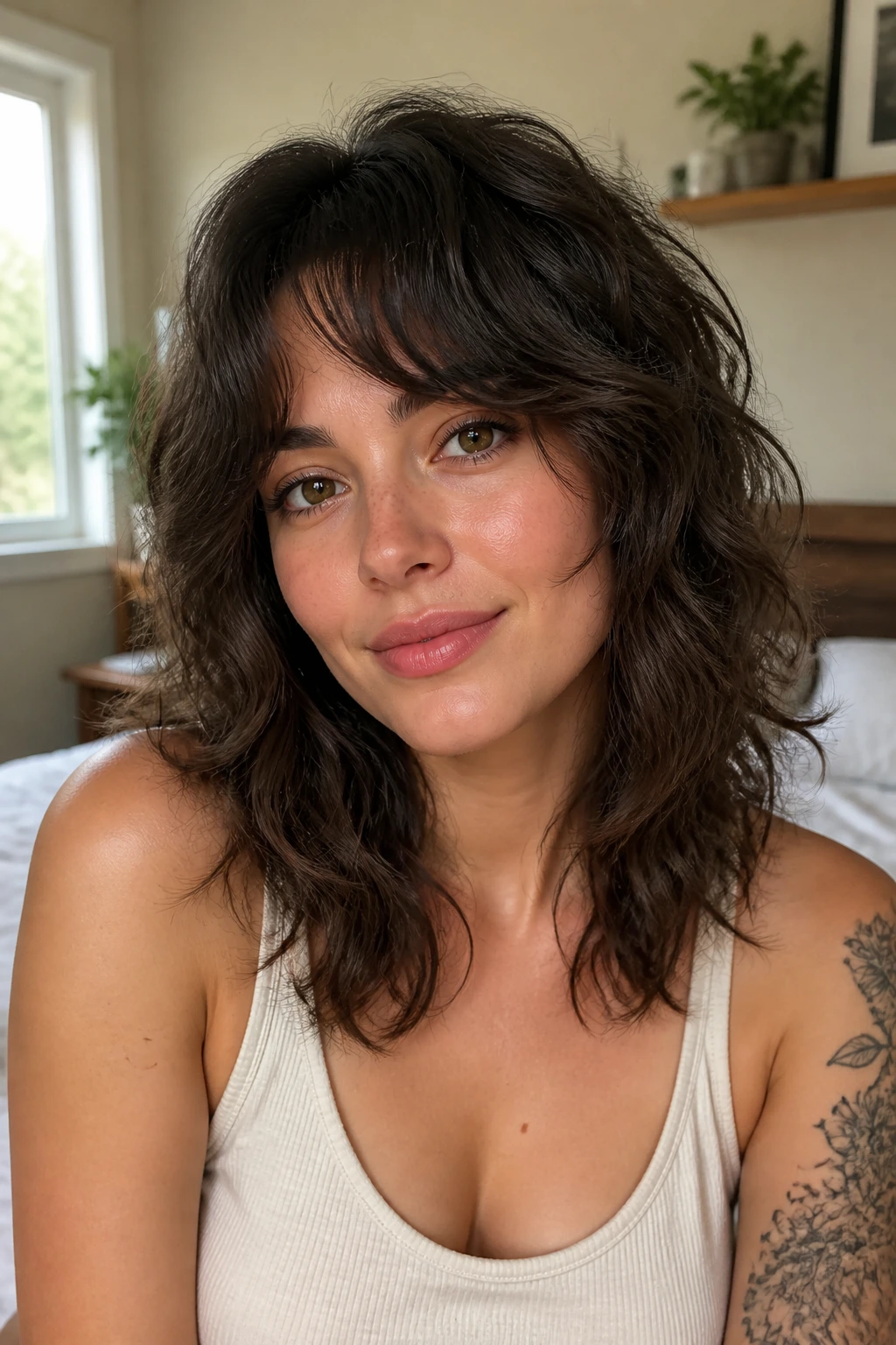 Portrait of a real woman with a shag haircut below the cheekbones on a round face with wavy hair