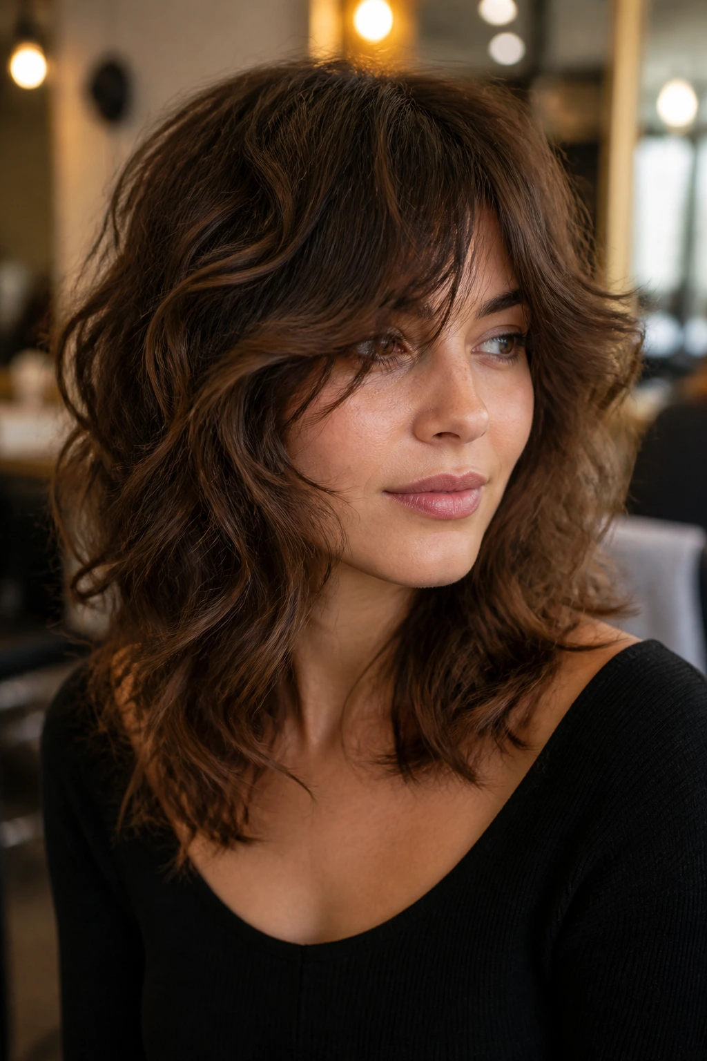 Close-up portrait showing shag shape on thick waves versus blunt cut