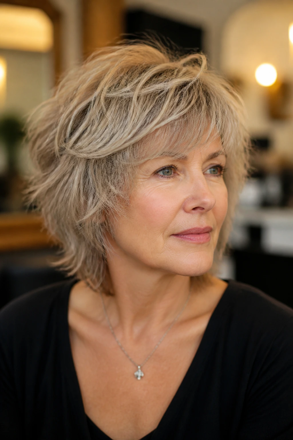 Real woman with rounded shag shape haircut in a cozy salon