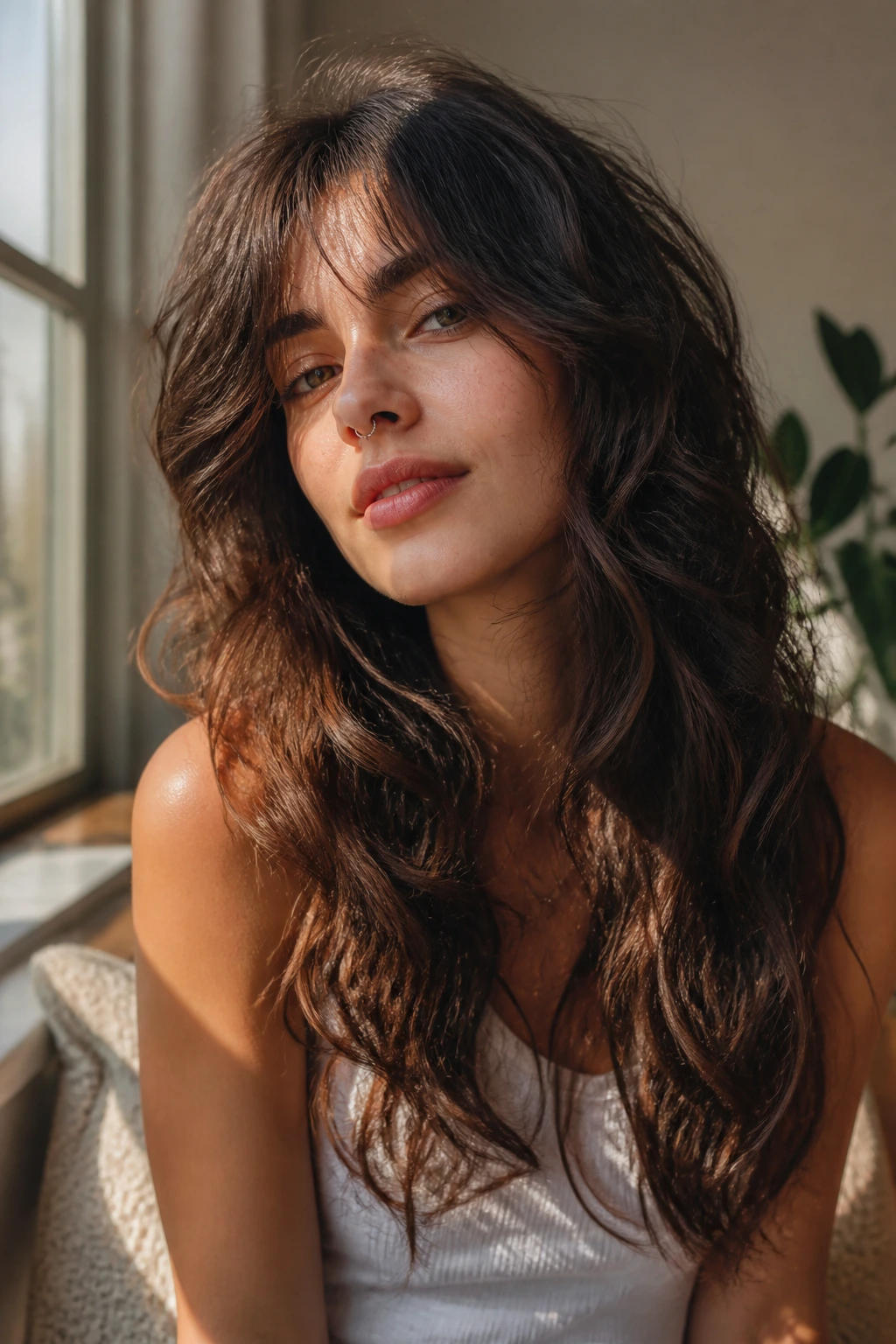 Portrait showing shag shape on long wavy hair with lift and face-framing layers