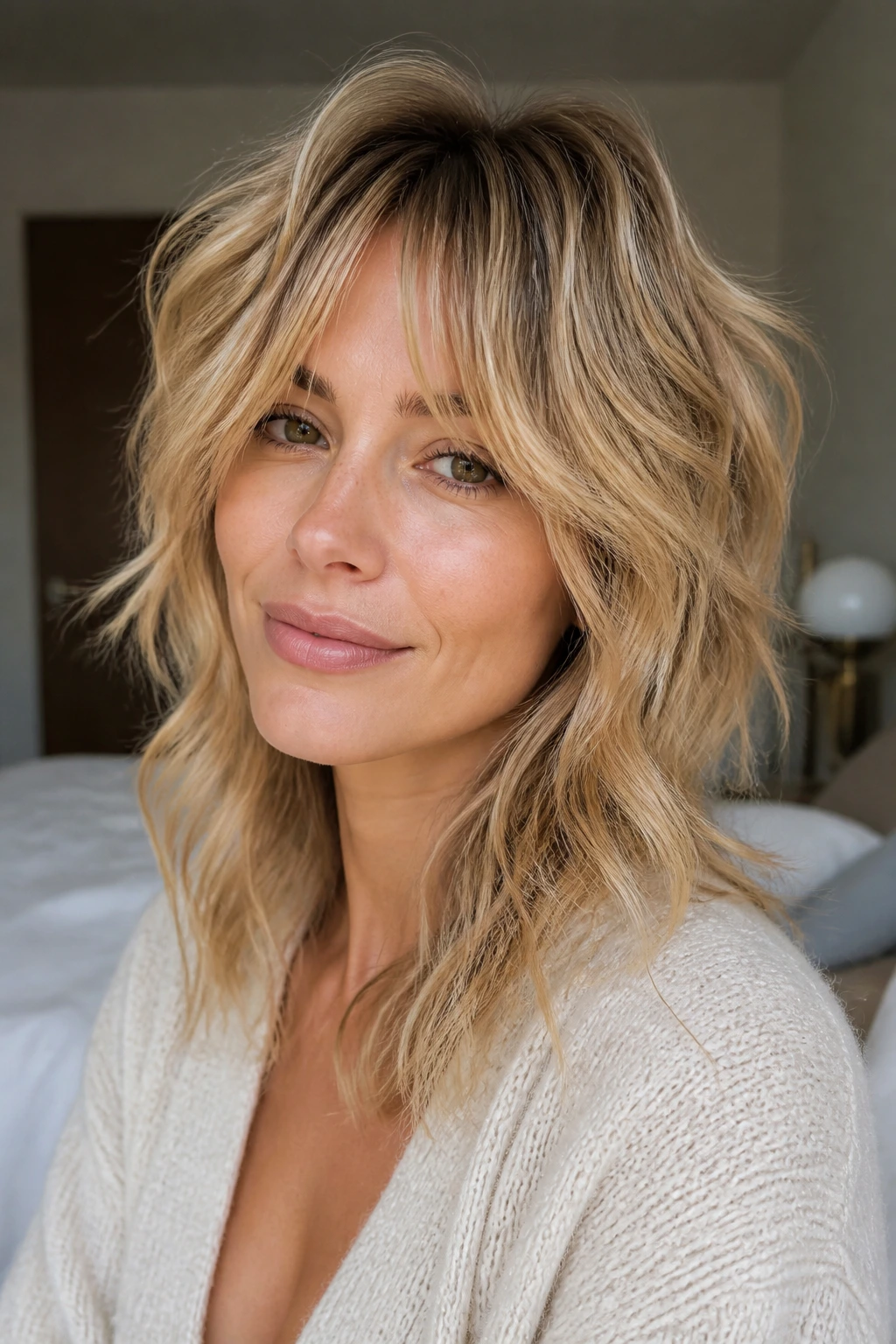 Close-up of a real person with a medium shag shape on fine hair, showing lift at the crown and soft waves