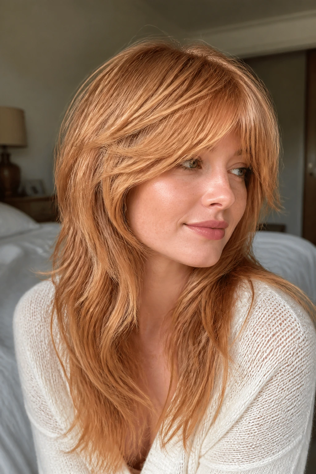 Close-up side-swept fringe shag on a real woman with strawberry blonde hair in a cozy bedroom