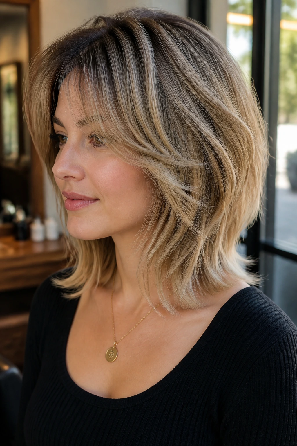 Portrait of a real person with shag-stack hybrid haircut showing back stack and curved front on oval face