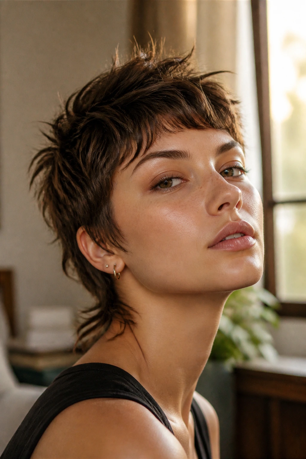 Close-up of a real person showing styled shaggy pixie mullet with lifted crown and defined fringe