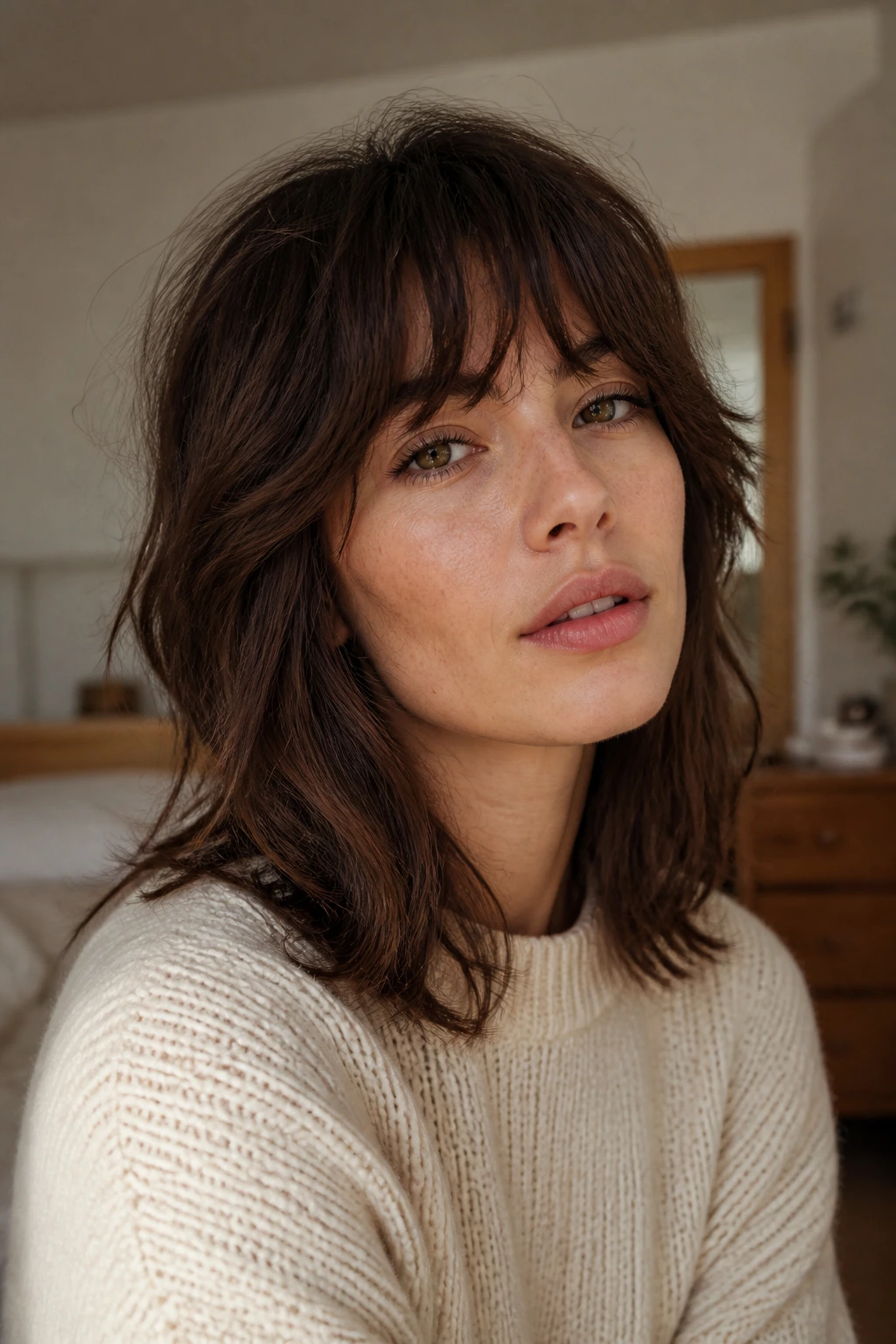 Person styling a medium shag at home with natural light