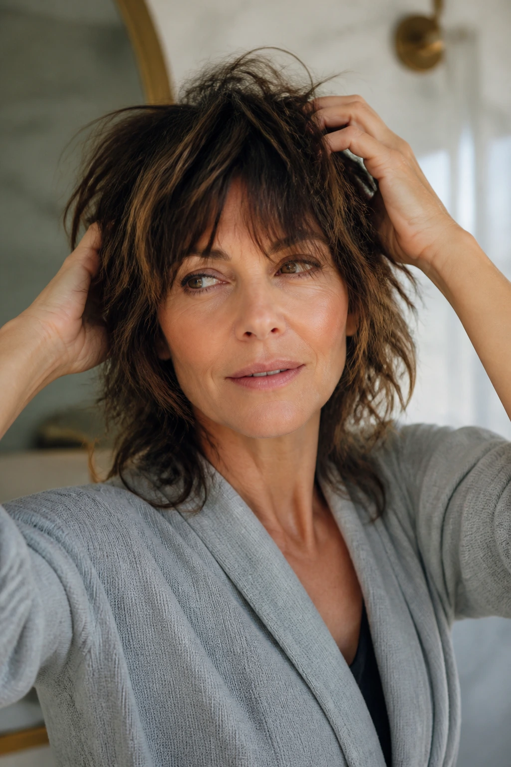 Close-up of a real woman styling a shag in the morning light