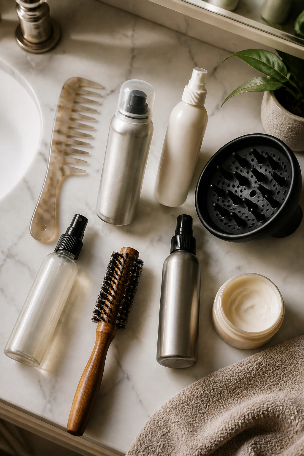Close-up of styling tools arranged on a bathroom counter for short shag styling.