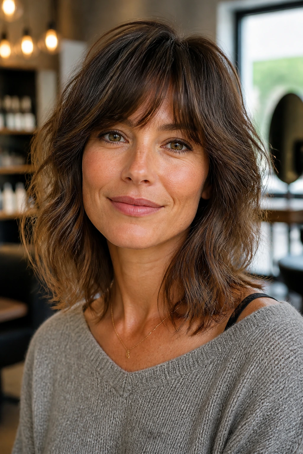 Real woman with shoulder-length textured shag demonstrating hair texture variety