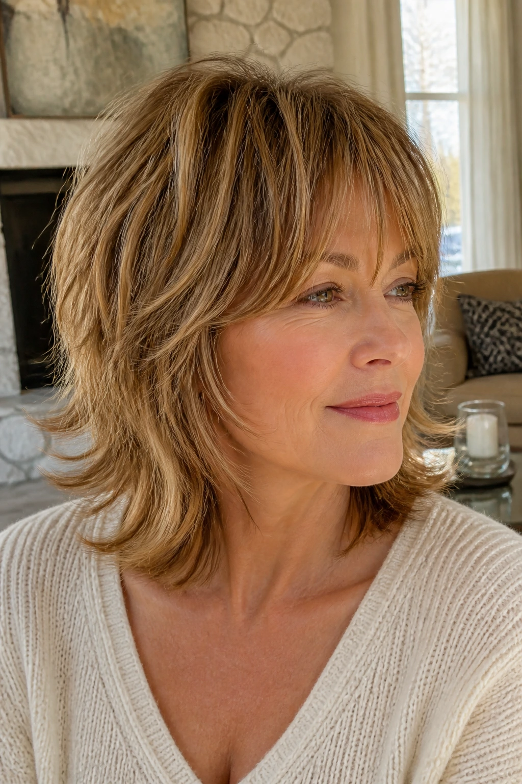 Close-up of real woman with choppy end-flick shag and outward flicked ends