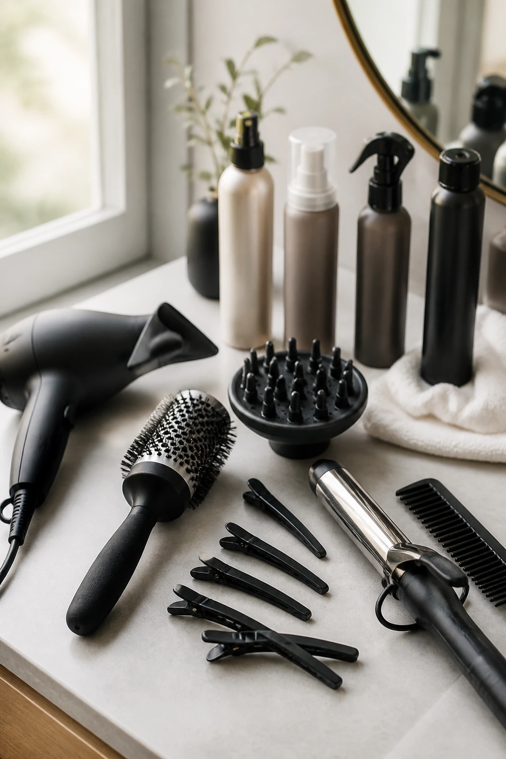 Close-up of professional hair styling tools on a salon station