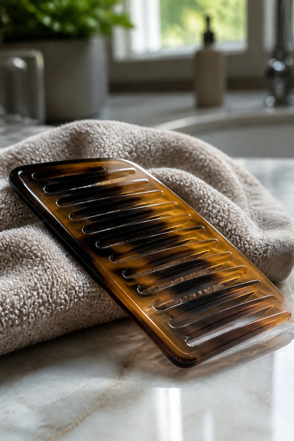 Close-up of a wide-tooth comb on a microfiber towel, representing essential styling tools for shag cuts.