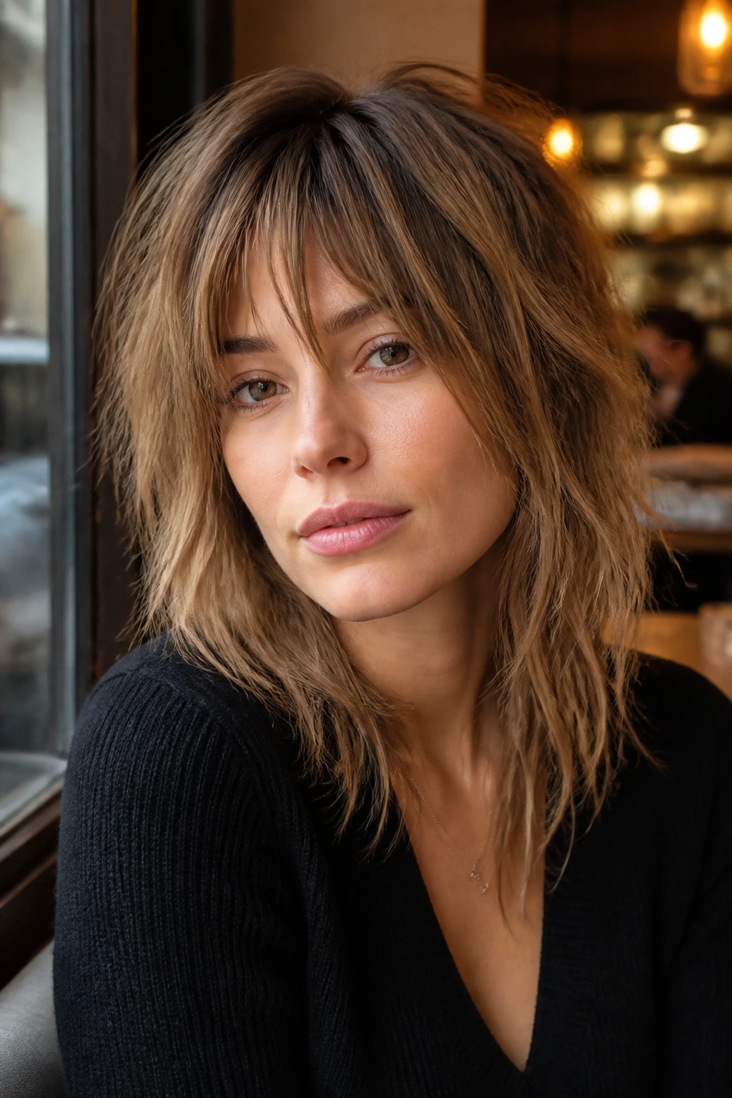 Close-up of a real woman with tousled shag and grown-out fringe in warm cafe light