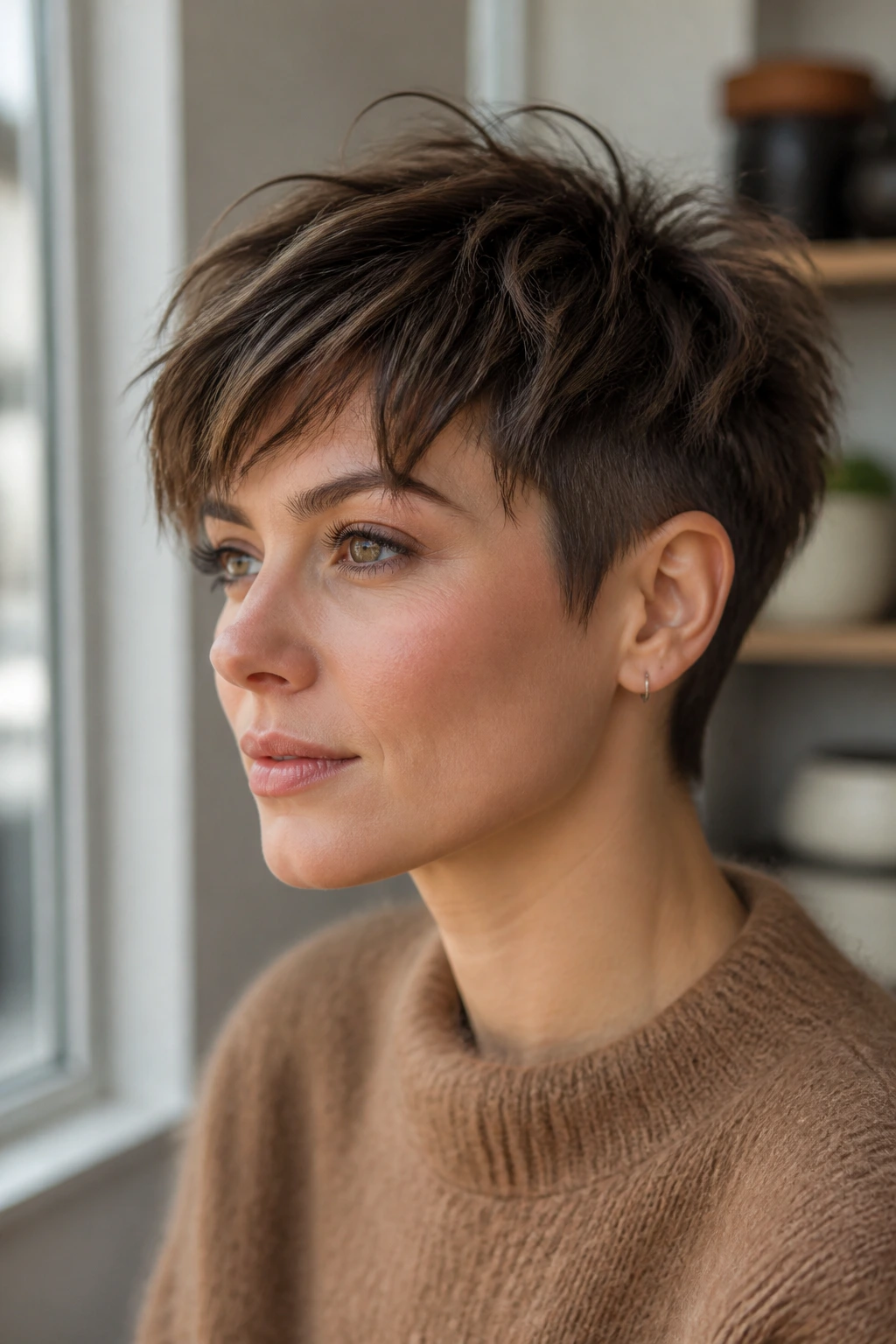 Portrait of a person with a shag transition pixie showing crown lift and close sides in daylight.