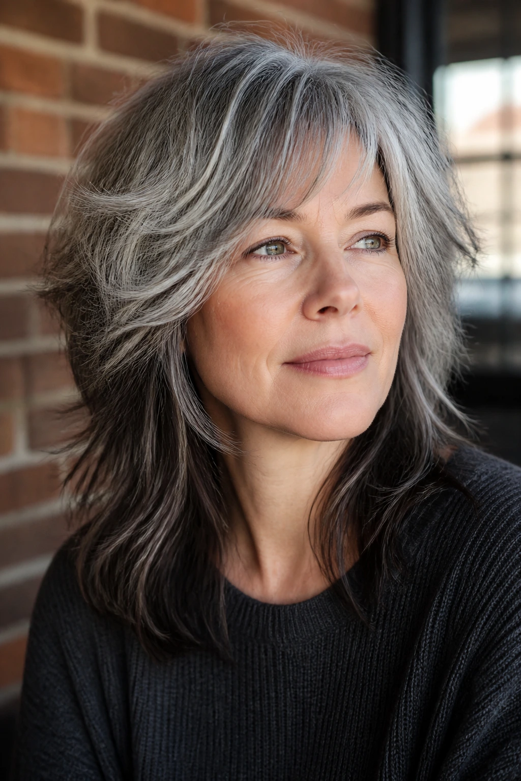 Close-up portrait of grown-out layered shag with deep brunette underlayers