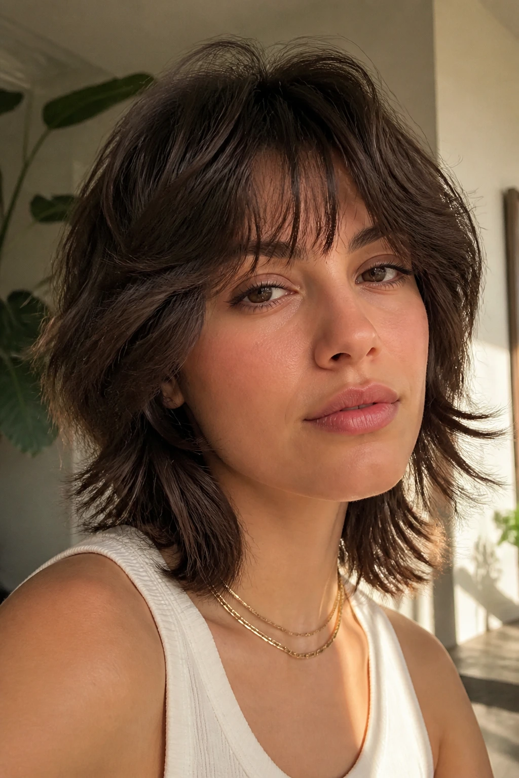Close-up portrait of a real person with a versatile short shag hairstyle in warm daylight