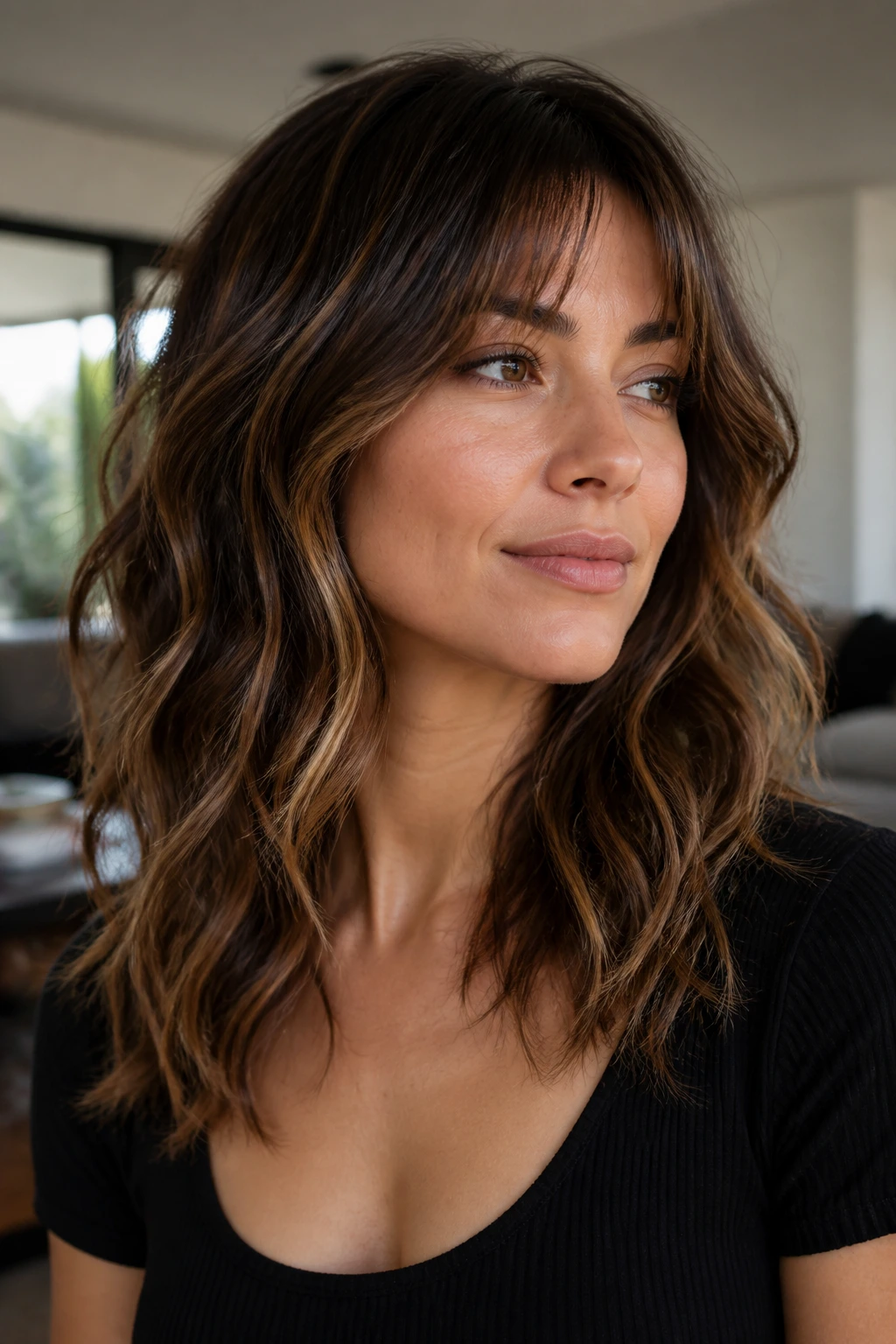 Portrait of a woman with a soft brunette shag and subtle caramel highlights.