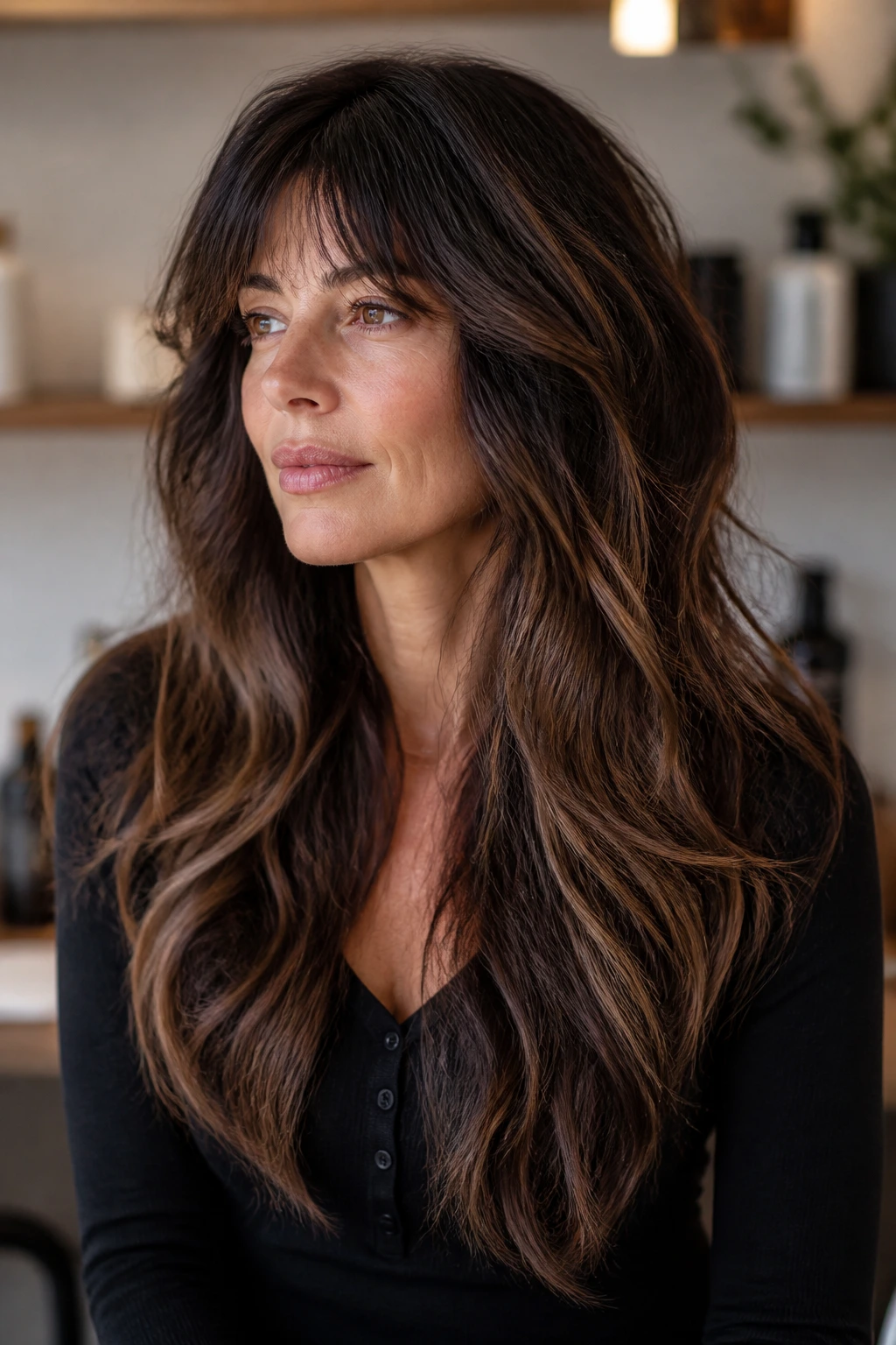 Portrait of a woman with layered shag showing color variation and movement