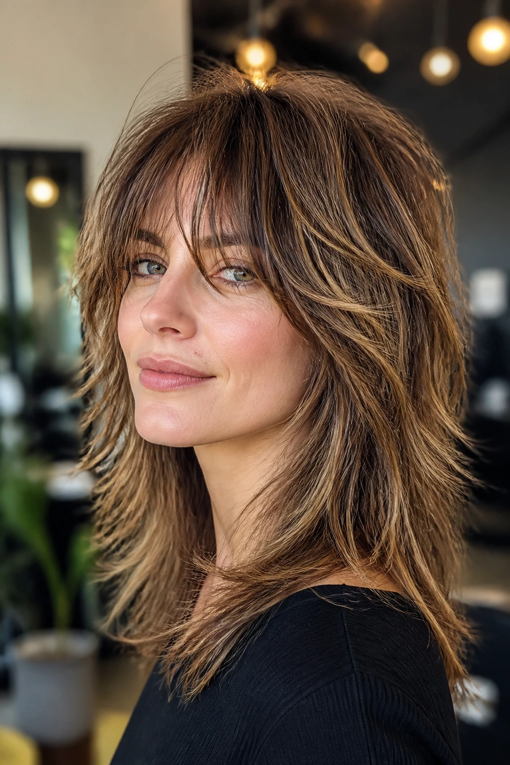 Close-up portrait of a real woman with a dynamic shag hairstyle showing motion and texture