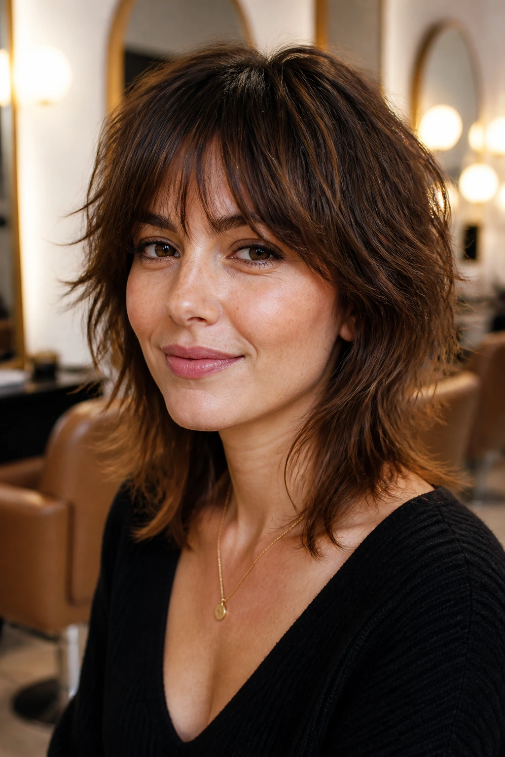 Portrait of a person with Soft Air-Dry Shag in a salon setting.